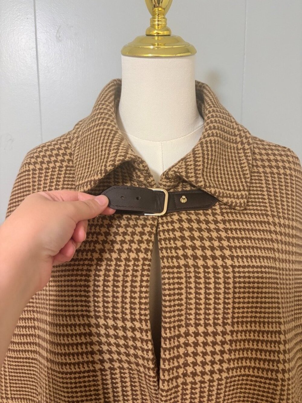 Lauren Ralph Lauren Wool Blend Cape Coat M/L Camel Cognac Check Heritage Autumn - Picture 7 of 16